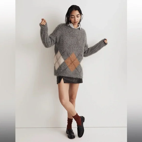 Madewell Brushed Argyle Grey Crewneck Sweater - Picture 2 of 7